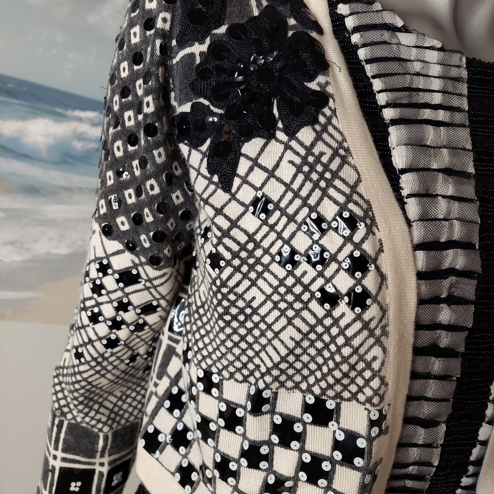 □$4,800 OSCAR DE LA RENTA BLACK WHITE SILK BEAD ESTABL RUNWAY DRESS US 2, 10, 12 - Picture 11 of 12